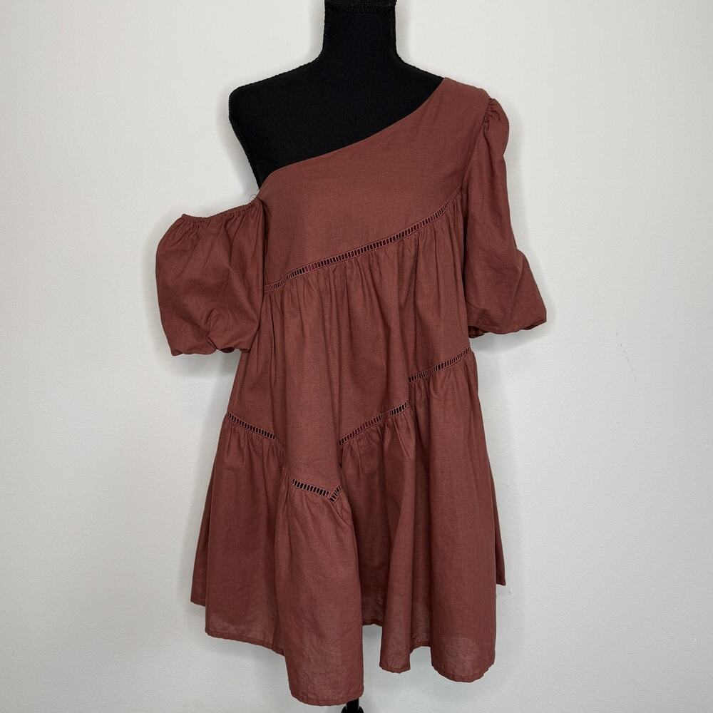 Altar’d State One Shoulder Puff Sleeve Tiered Mini Dress Rust Boho NWT S